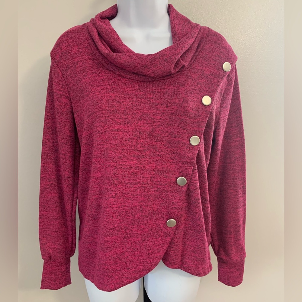 Notations Pink and Black Cowl Neck Sweater with Button Detail